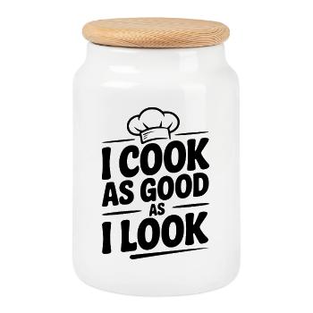 I Cook as Good as I Look - Cookie Jar with Wooden Lid - white - Front