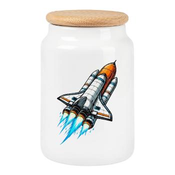 Vaisseau spatial fusée - Boîte à biscuits avec couvercle en bois - blanc - Devant