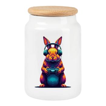 Rabbit Games Animal Video Games Fun - Cookie Jar with Wooden Lid - white - Front