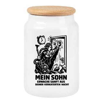 Son Awakening Funny Mother Son Scene - Cookie Jar with Wooden Lid - white - Front