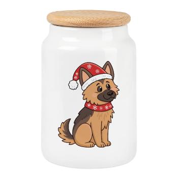 Holiday Dog with the Red Hat - Cookie Jar with Wooden Lid - white - Front