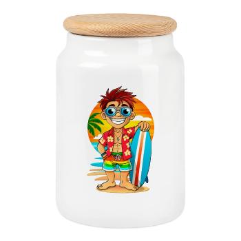 Surfeur joyeux avec une planche de surf sur la plage. - Boîte à biscuits avec couvercle en bois - blanc - Devant
