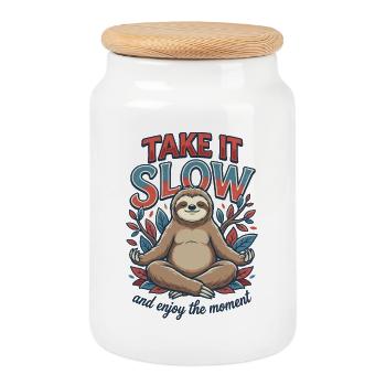 Take It Slow Sloth Zen - Keksdose mit Holzdeckel - Weiß - Vorne