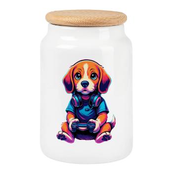 Beagle Gaming Gamer Gaming Gaming Video Games - Cookie Jar with Wooden Lid - white - Front