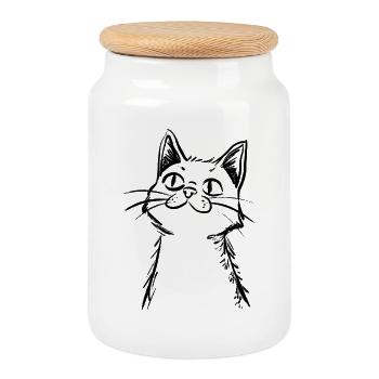 Curious Cat - Hand drawn sketch - Cookie Jar with Wooden Lid - white - Front