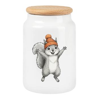 Squirrel with cap - Cookie Jar with Wooden Lid - white - Front