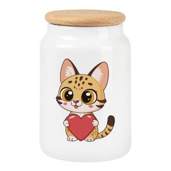Adorable Red Heart Kitten - Cookie Jar with Wooden Lid - white - Front