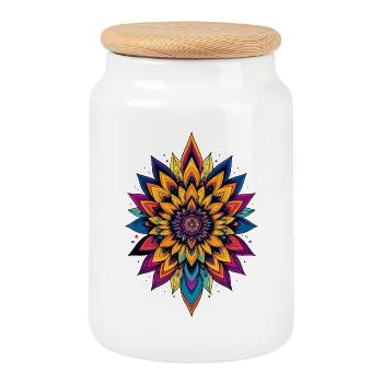 Bunte LSD Blume Mandala Farbexplosion Blumenstern - Keksdose mit Holzdeckel - Weiß - Vorne