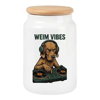 DJ Weimaraner : Rétro Music Design – Weim Vibes - Boîte à biscuits avec couvercle en bois - blanc - Devant