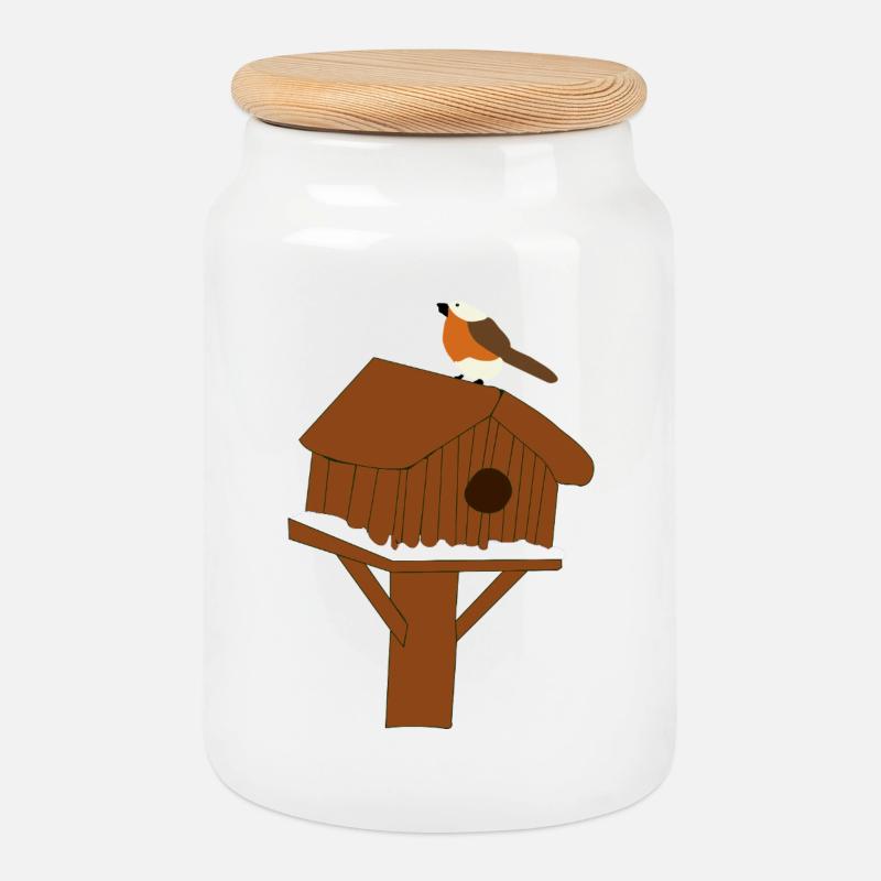 Vogelhaus am Schneeboden - Keksdose mit Holzdeckel - Weiß