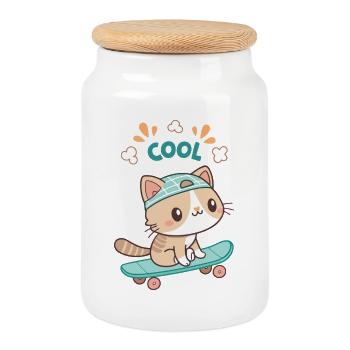Chaton skateboard kawaii tendance - Boîte à biscuits avec couvercle en bois - blanc - Devant