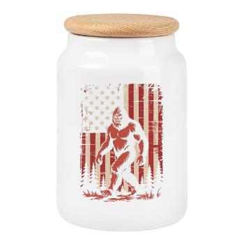 Vintage Bigfoot American Flag USA - Cookie Jar with Wooden Lid - white - Front