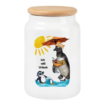 Vacances avec un manchot sur la plage et cocktail - Boîte à biscuits avec couvercle en bois - blanc - Devant