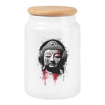 Buddha with Headphones – Urban Meditation - Cookie Jar with Wooden Lid - white - Front
