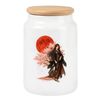 Beautiful Warrior | Oriental Japanese Art - Cookie Jar with Wooden Lid - white - Front