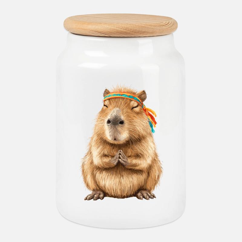 Capybara in Meditationspose mit Stirnband - Keksdose mit Holzdeckel - Weiß
