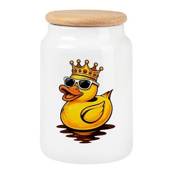Canard en caoutchouc sympa avec couronne et lunettes de soleil - Boîte à biscuits avec couvercle en bois - blanc - Devant