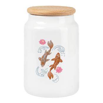 Koi and lotus in blue water - Cookie Jar with Wooden Lid - white - Front