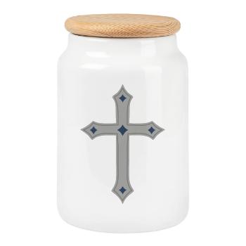 Croix grise avec diamants indigo - Boîte à biscuits avec couvercle en bois - blanc - Devant