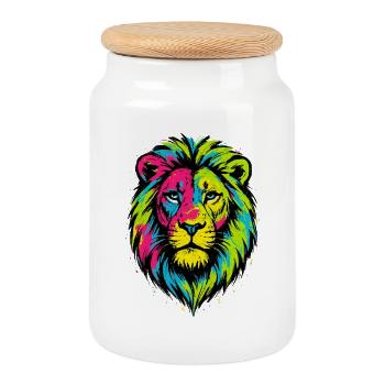 Colorful Wild Lion - Art Colors Pop - Cookie Jar with Wooden Lid - white - Front