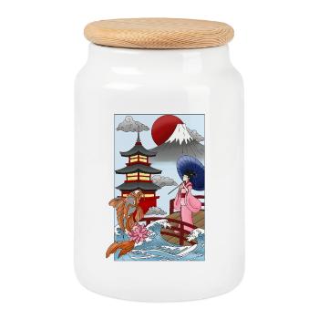Japan - Cookie Jar with Wooden Lid - white - Front