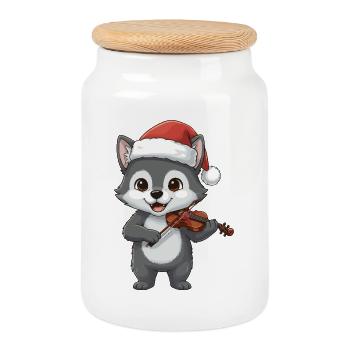Christmas Wolf Animal Playing Violin Art - Cookie Jar with Wooden Lid - white - Front