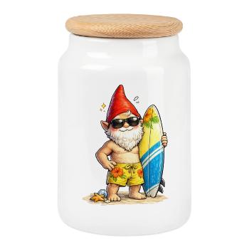 Cool garden gnome with surfboard - Cookie Jar with Wooden Lid - white - Front