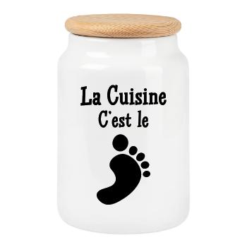 Cooking is the foot - Cookie Jar with Wooden Lid - white - Front