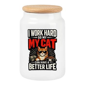 Je travaille dur pour que mon chat ait une vie de luxe - Boîte à biscuits avec couvercle en bois - blanc - Devant