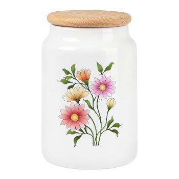Flowers - Cookie Jar with Wooden Lid - white - Front