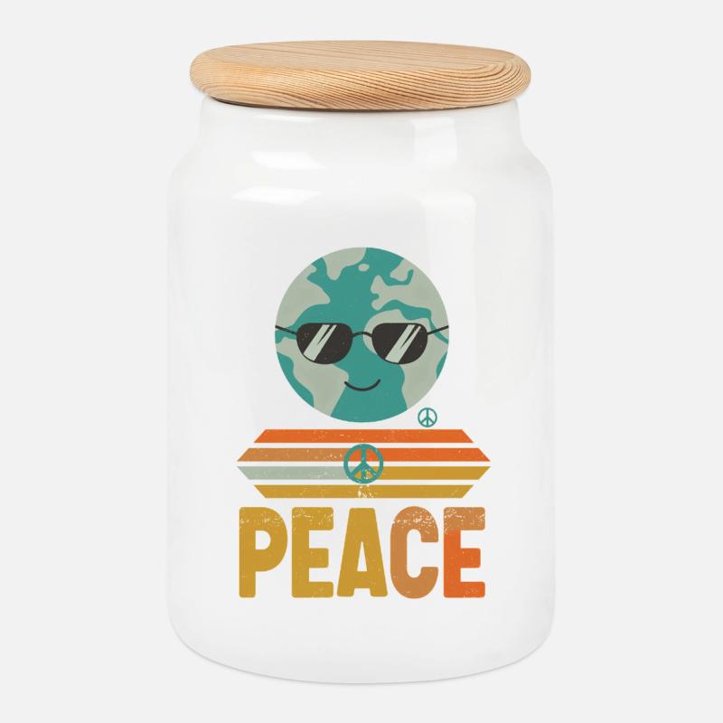 Erde mit Peace-Sonnenbrille Retro - Keksdose mit Holzdeckel - Weiß