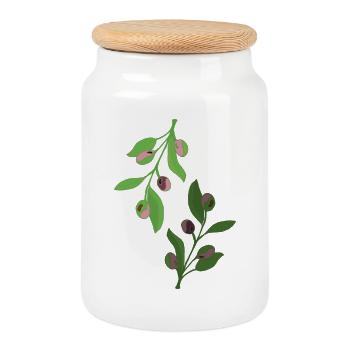 olive branches green pink - Cookie Jar with Wooden Lid - white - Front