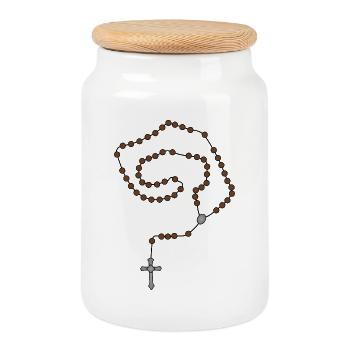 Spiral Rosary Beads on Black - Cookie Jar with Wooden Lid - white - Front