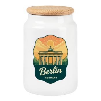 Badge de voyage rétro de Berlin Brandenburg Gate Allemagne - Boîte à biscuits avec couvercle en bois - blanc - Devant