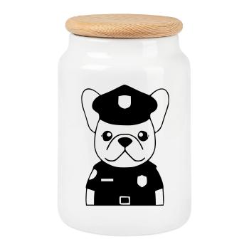 Frenchie Policeman Dog Black - Cookie Jar with Wooden Lid - white - Front