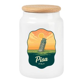 Pisa Leaning Tower Vintage Sunset Badge - Cookie Jar with Wooden Lid - white - Front