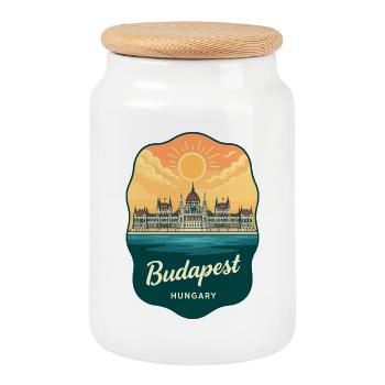 Budapester Parlament Vintage Sunset Abzeichen - Keksdose mit Holzdeckel - Weiß - Vorne