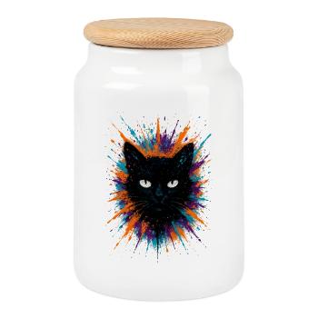 Chat Noir Watercolor Splash Art - Boîte à biscuits avec couvercle en bois - blanc - Devant