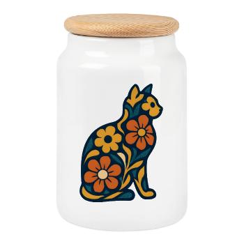 Flower cat in midnight blue - Cookie Jar with Wooden Lid - white - Front