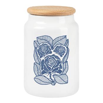 Blue Rose Filigree Bloom - Cookie Jar with Wooden Lid - white - Front