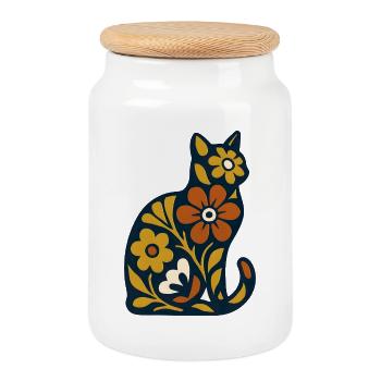 Blütenkatze Folk-Art Muster - Keksdose mit Holzdeckel - Weiß - Vorne