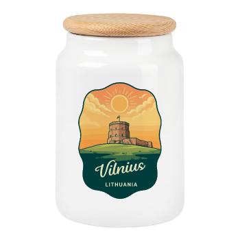 Vilnius Gediminas Tower Retro Travel Badge - Cookie Jar with Wooden Lid - white - Front