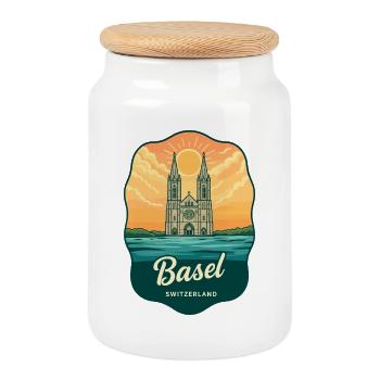 Basel Minster Retro Sonnenuntergangs-Reiseabzeichen - Keksdose mit Holzdeckel - Weiß - Vorne