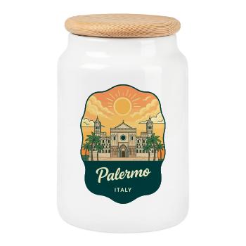 Palermo Kathedrale Vintage-Sonnenuntergangs-Reiseabzeichen - Keksdose mit Holzdeckel - Weiß - Vorne
