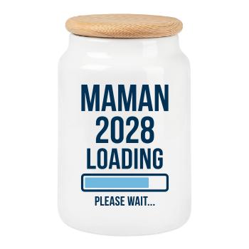 Schwangerschaftsankündigung Mama 2028 lädt - Keksdose mit Holzdeckel - Weiß - Vorne