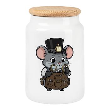 Mouse Watchmaker Steampunk Top Hat Watch - Cookie Jar with Wooden Lid - white - Front