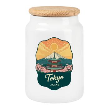 Tokyo Mount Fuji Vintage Sunset Travel Badge - Cookie Jar with Wooden Lid - white - Front