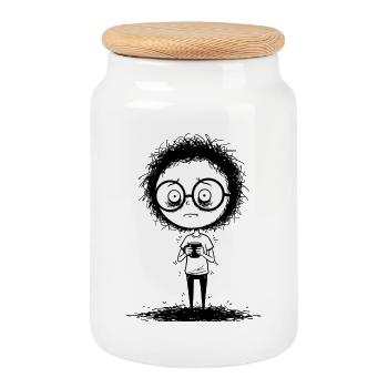 Gamer timide à lunettes, visage expressif - Boîte à biscuits avec couvercle en bois - blanc - Devant