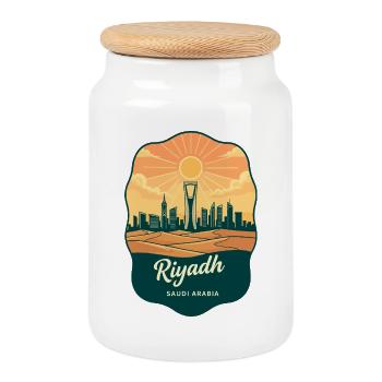 Riyadh Kingdom Centre Retro Sunset Travel Badge - Cookie Jar with Wooden Lid - white - Front