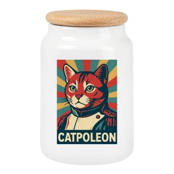 Catpoleon – Katze als Napoleon Retro Poster - Keksdose mit Holzdeckel - Weiß - Vorne